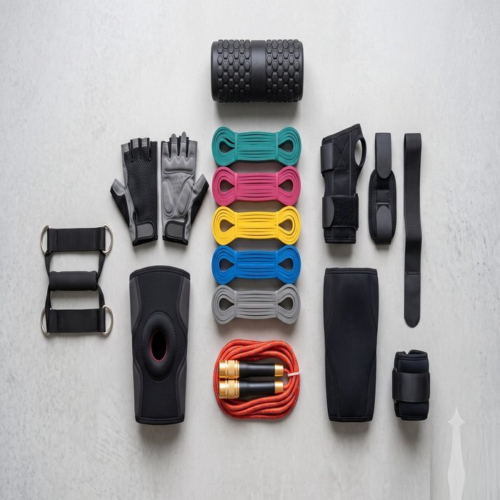 Kit fitness completo com faixas, luvas, corda e rolo