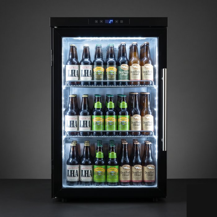 Frigobar cervejeira de porta de vidro com garrafas em pé e iluminação interna