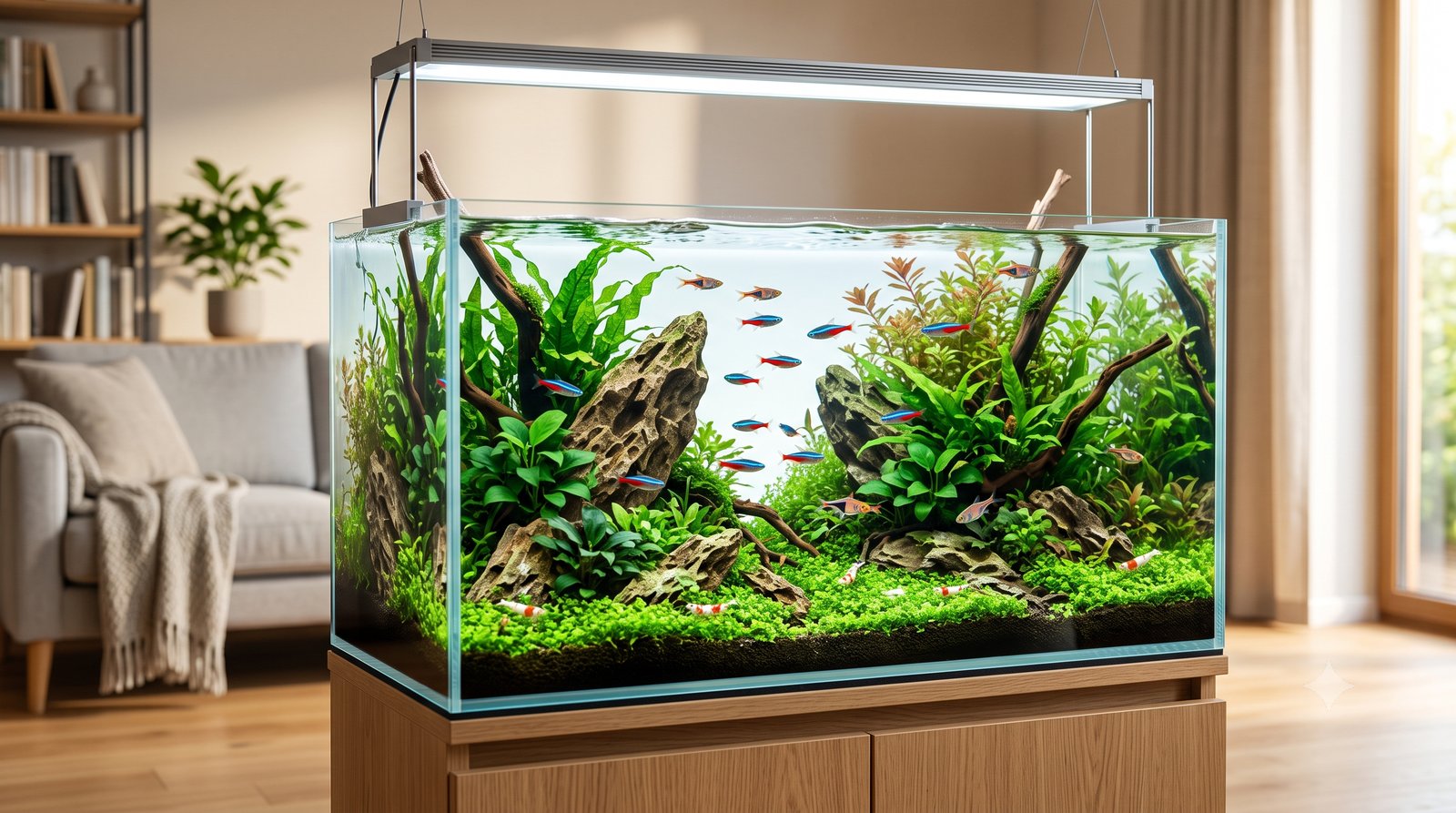 Aquário plantado montado numa sala, com luminária LED, plantas aquáticas e peixes