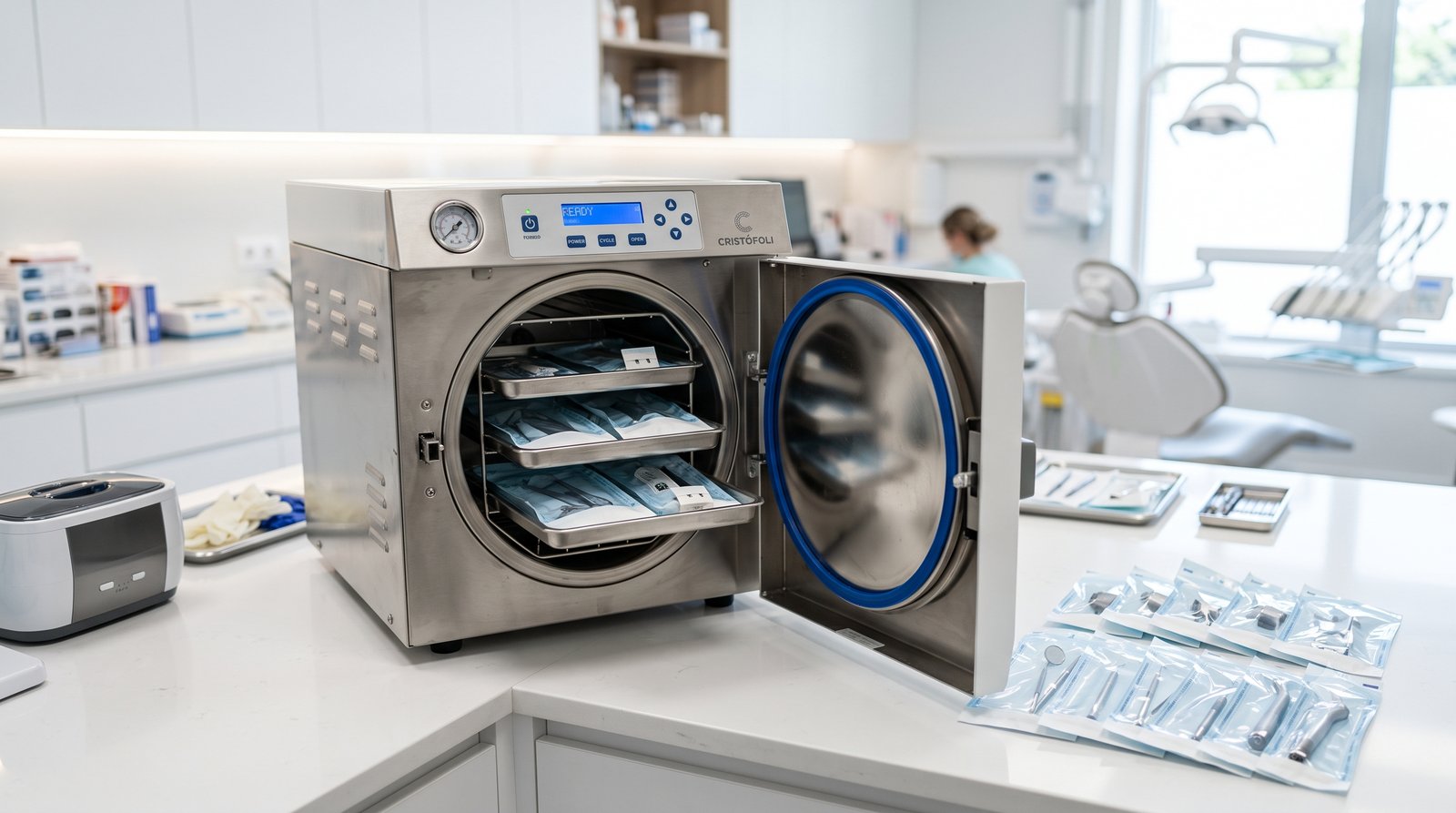 Autoclave de esterilização de bancada aberta em clínica, com instrumentos ensacados