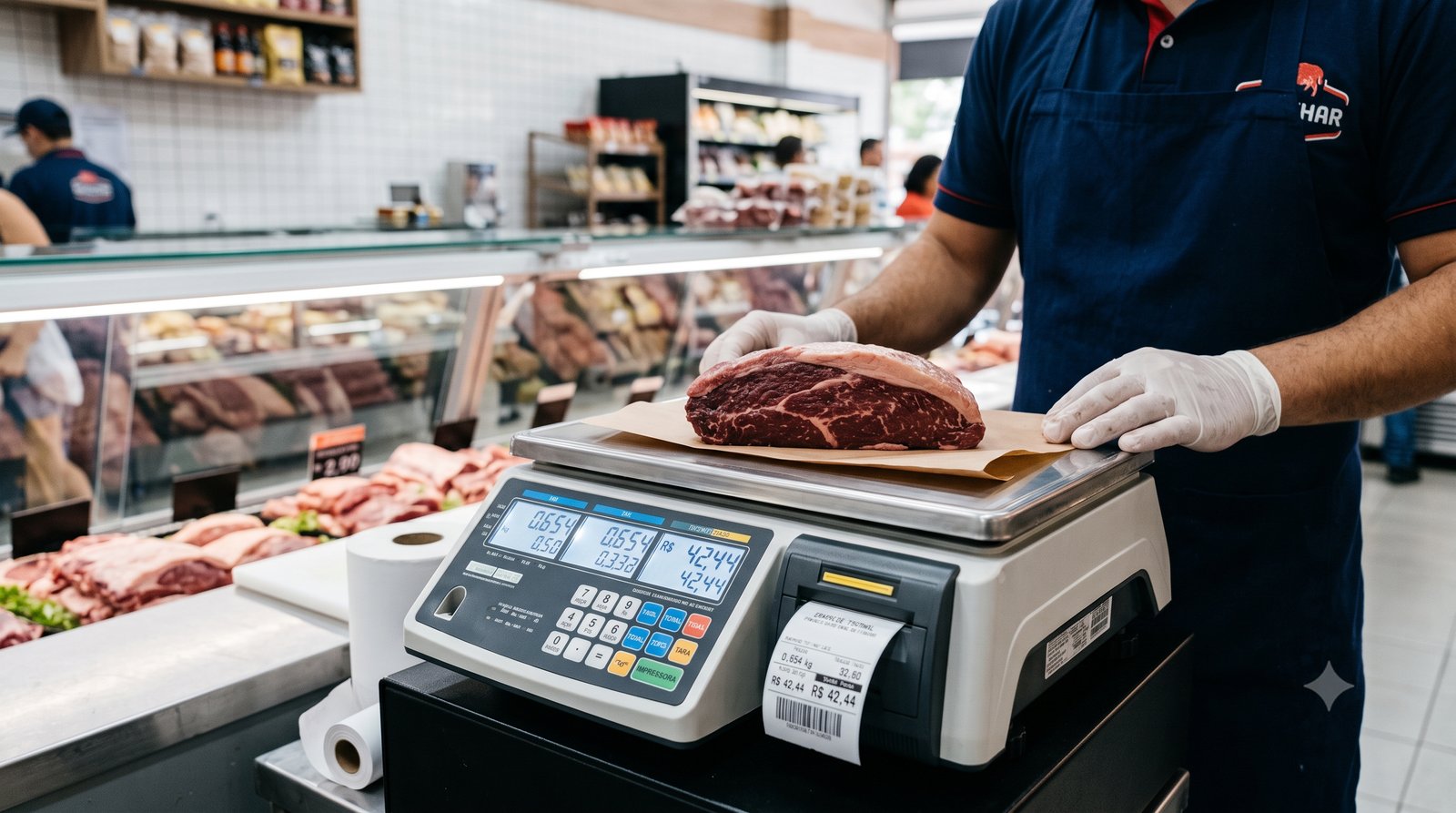 Balança comercial etiquetadora pesando produto num açougue