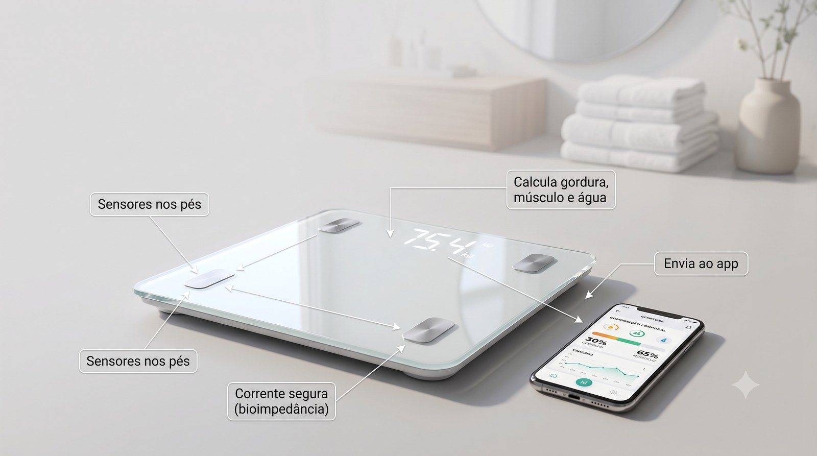 Como funciona a balança de bioimpedância: sensores nos pés, corrente segura, cálculo da composição corporal e envio ao app