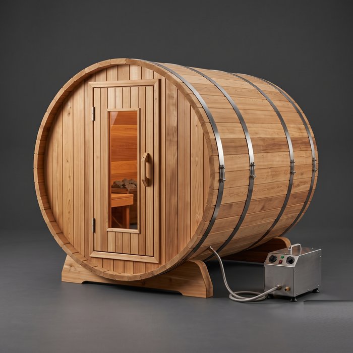 Sauna de barril de madeira com gerador de vapor em área externa
