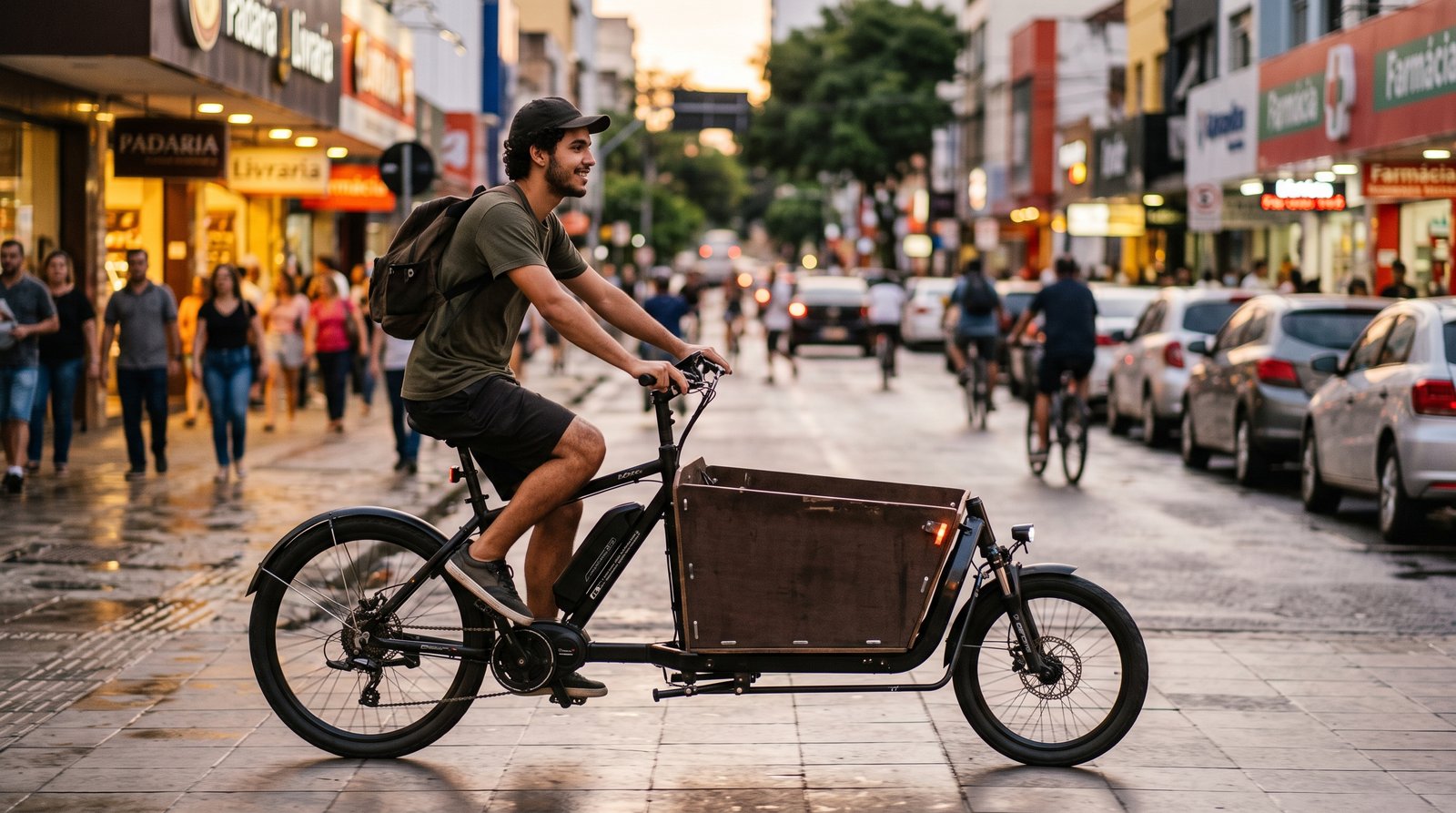 Entregador pedalando uma cargo bike elétrica com caixa de carga na frente, em rua urbana