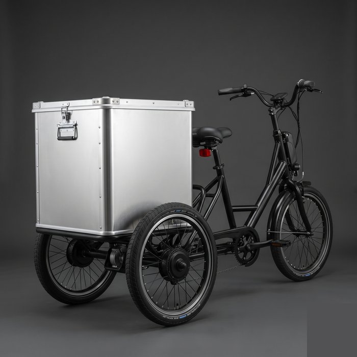 Triciclo elétrico de carga com baú traseiro fechado