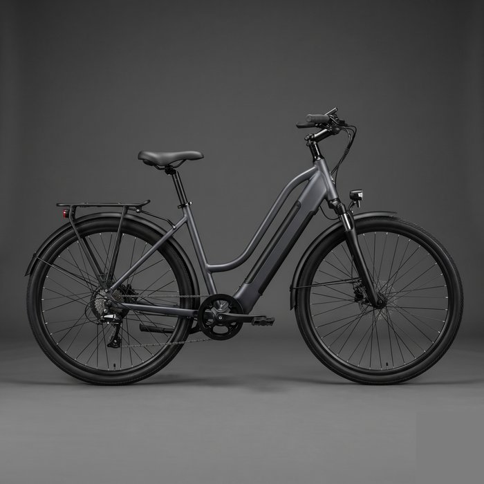 Bicicleta elétrica urbana de quadro rebaixado com bateria no tubo