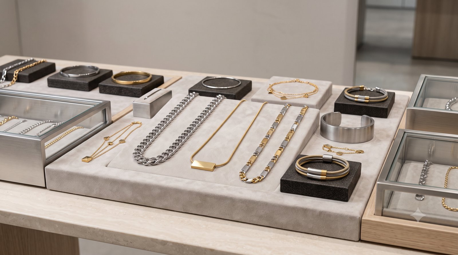 Bijuteria de aço inoxidável dourada e prateada, colares e pulseiras, num mostruário moderno