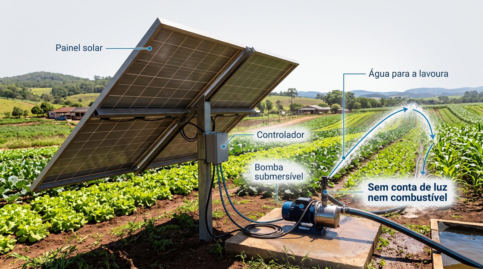 Como funciona a bomba solar: painel fotovoltaico, controlador, bomba submersível no poço e água levada à lavoura, sem conta de luz nem combustível