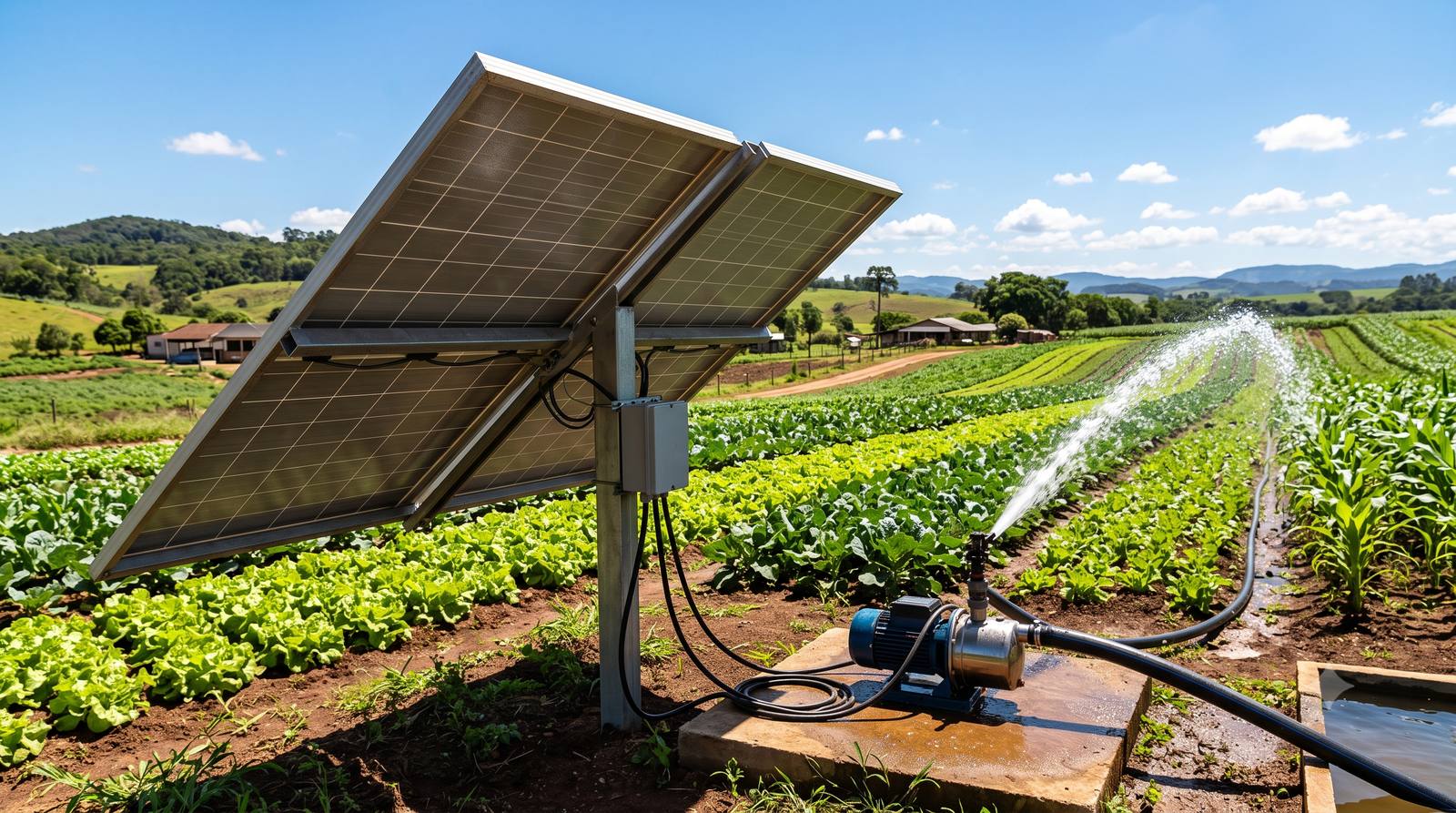 Bomba solar de irrigação com painel fotovoltaico levando água a uma plantação