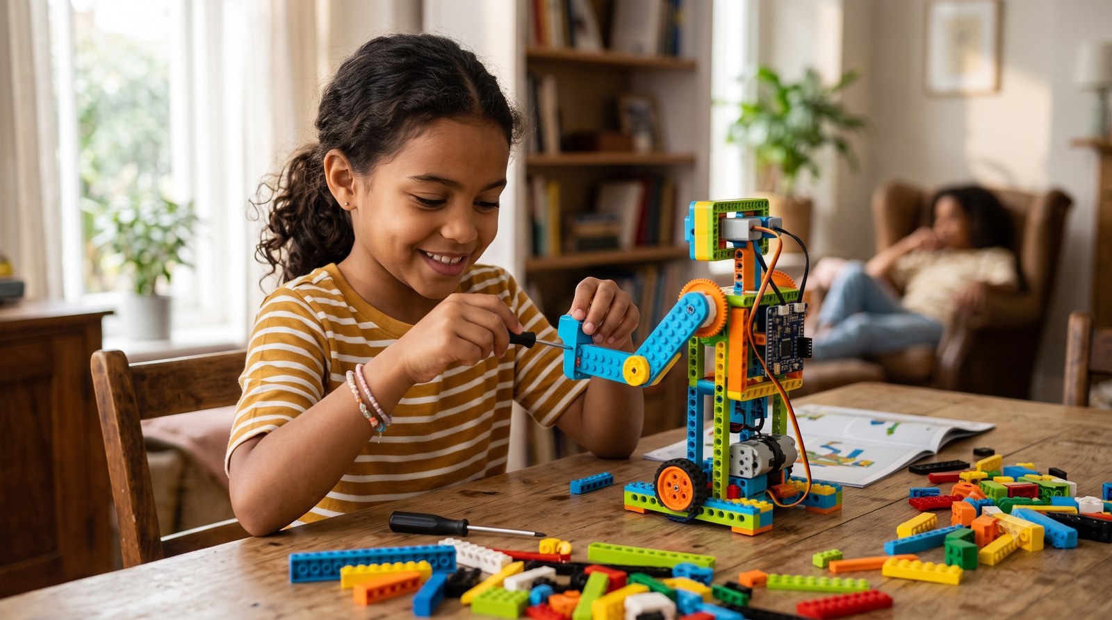Criança montando um robô educativo STEM colorido sobre a mesa