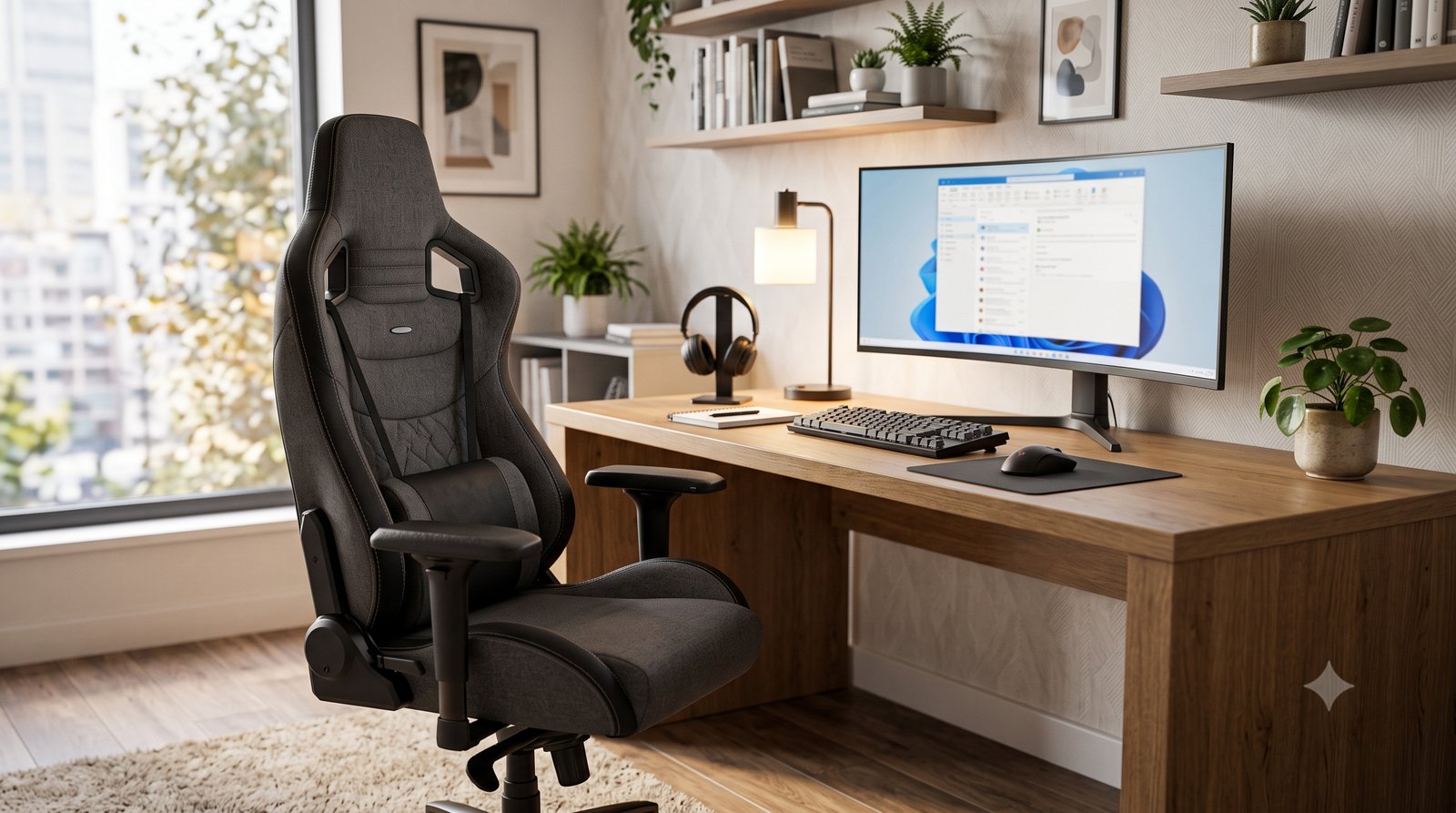 Cadeira gamer num setup de home office moderno
