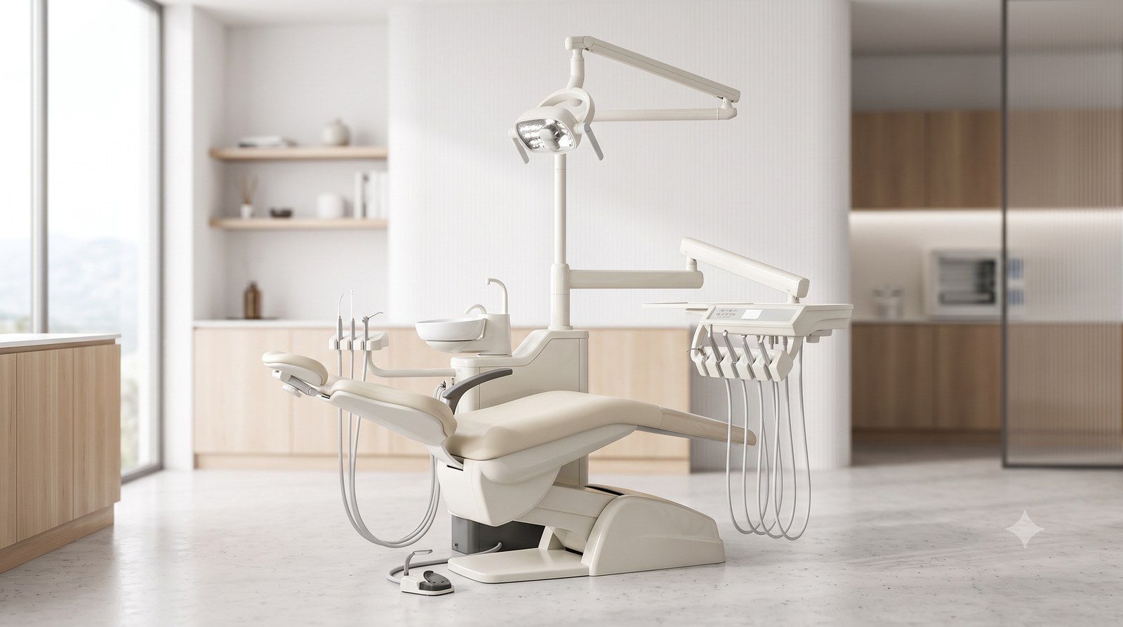 Cadeira odontológica completa com refletor e unidade de água num consultório moderno e claro