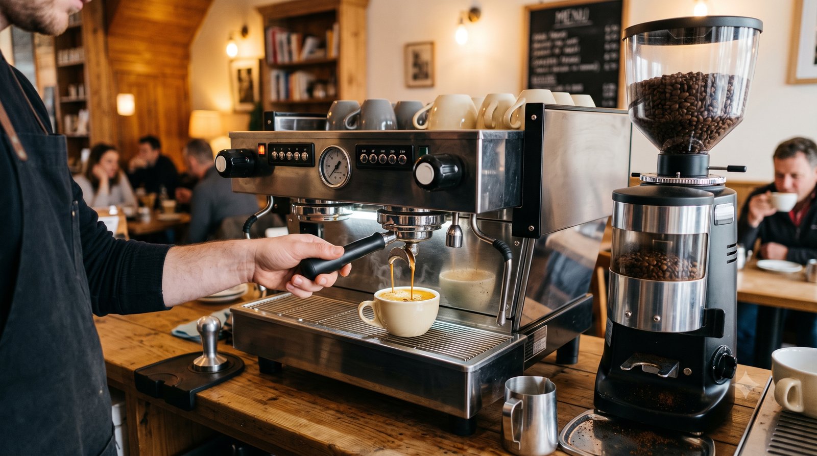 Máquina de espresso profissional e moedor num balcão de cafeteria