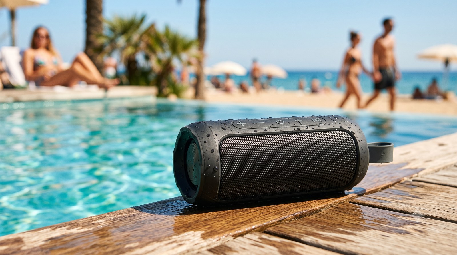 Caixa de som Bluetooth portátil na beira de uma piscina