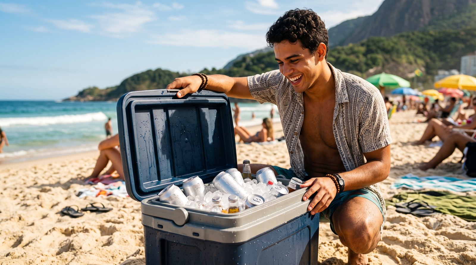 Caixa térmica (cooler) cheia de gelo e bebidas na praia
