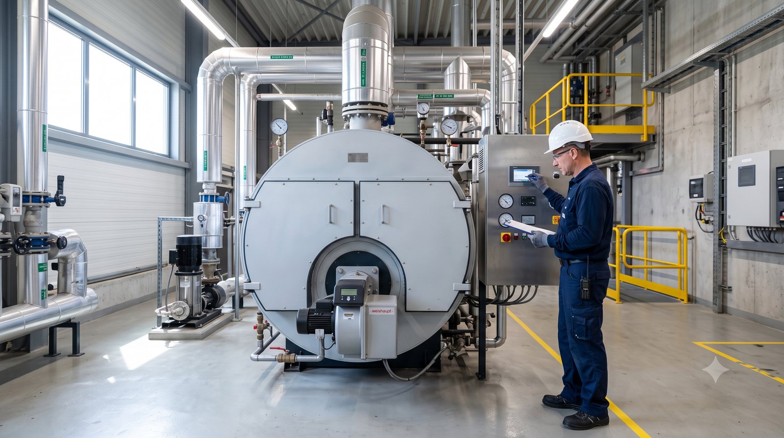 Caldeira industrial e gerador de vapor instalados numa casa de máquinas