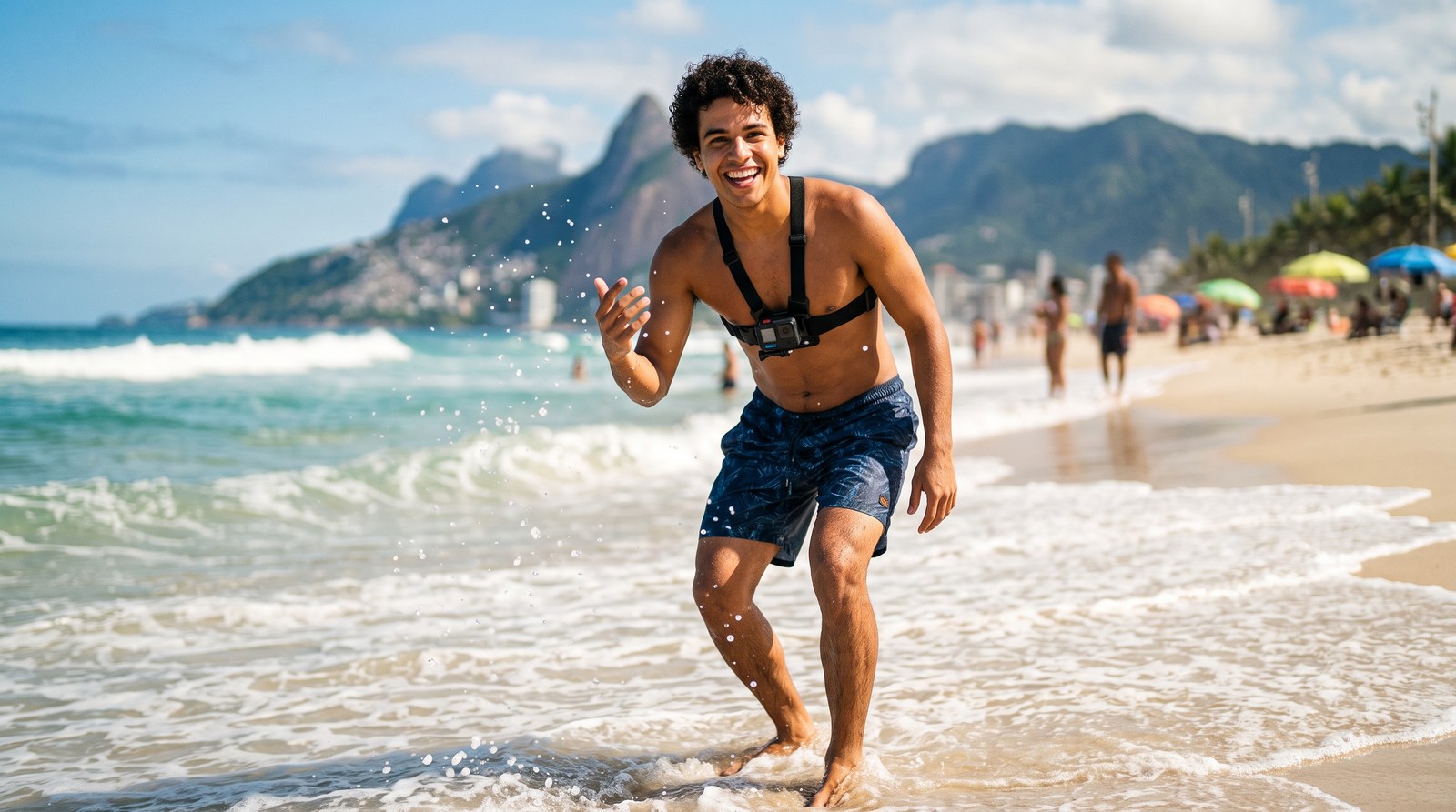 Câmera de ação compacta presa ao peito de um jovem à beira-mar, prestes a entrar na água