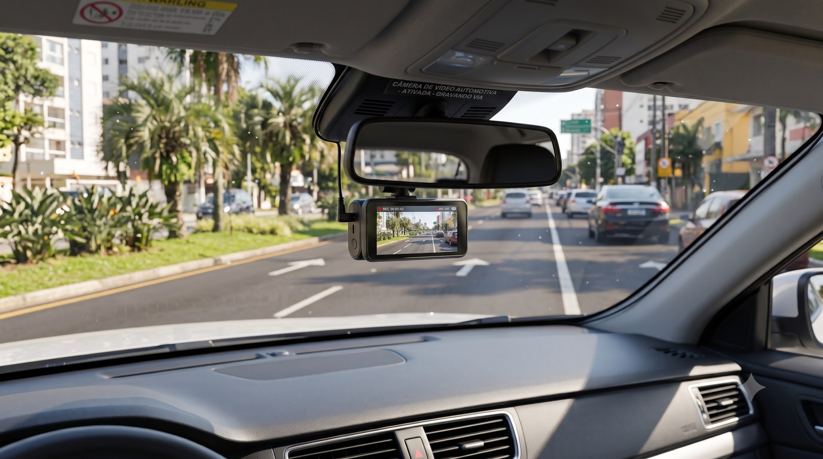 Câmera veicular dashcam instalada atrás do retrovisor, filmando a estrada pelo para-brisa