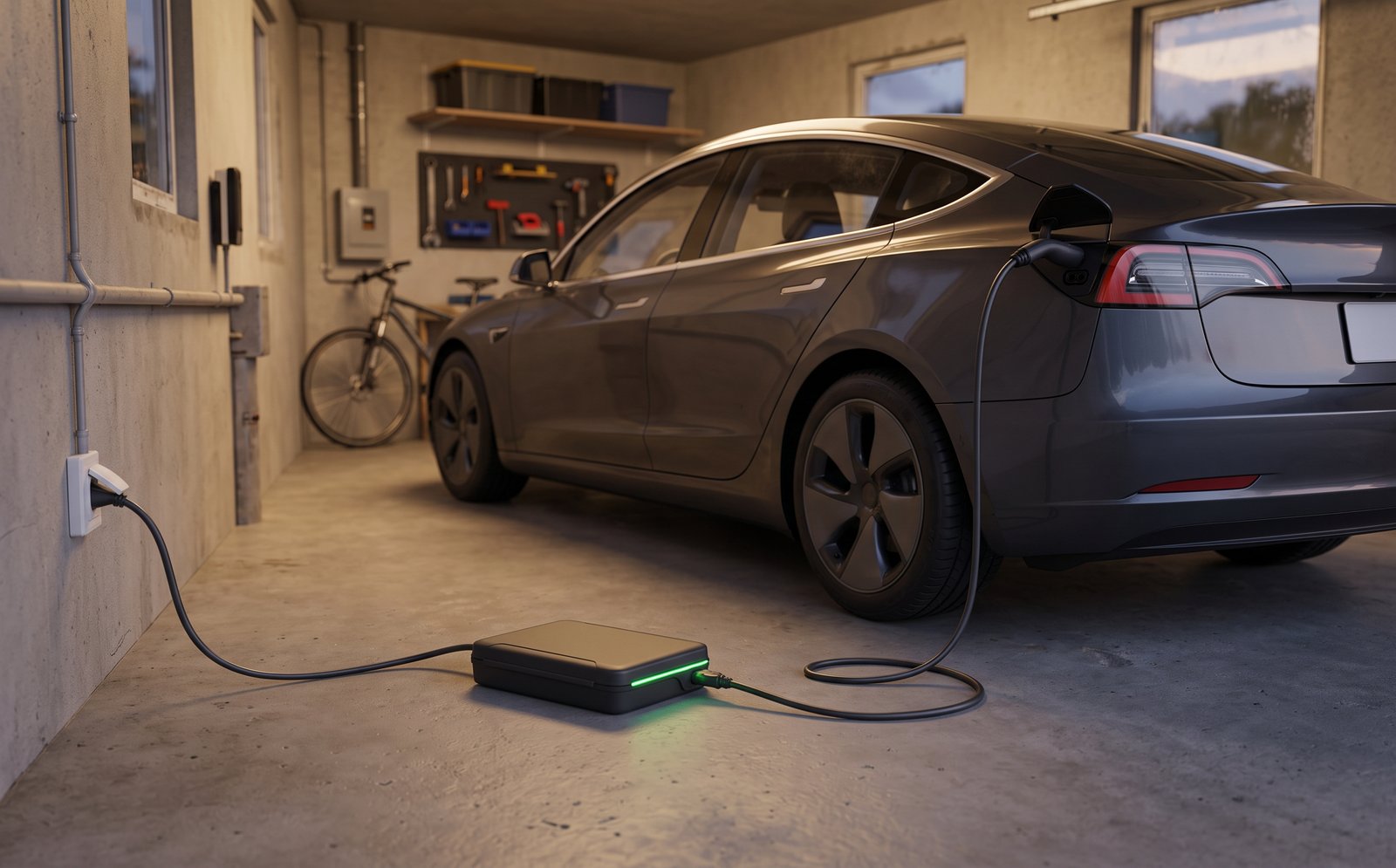 Carregador portátil de carro elétrico com o cabo conectado ao veículo numa garagem comum, plugado numa tomada de parede
