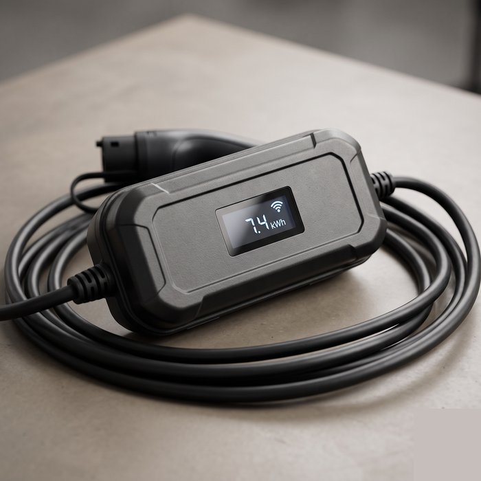 Carregador portátil de carro elétrico com visor digital e ícone de Wi-Fi na caixa de controle