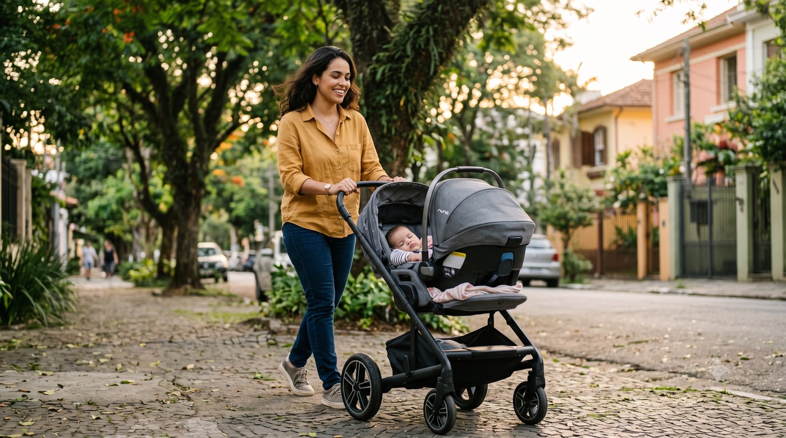 Mãe empurrando um carrinho de bebê travel system numa calçada arborizada