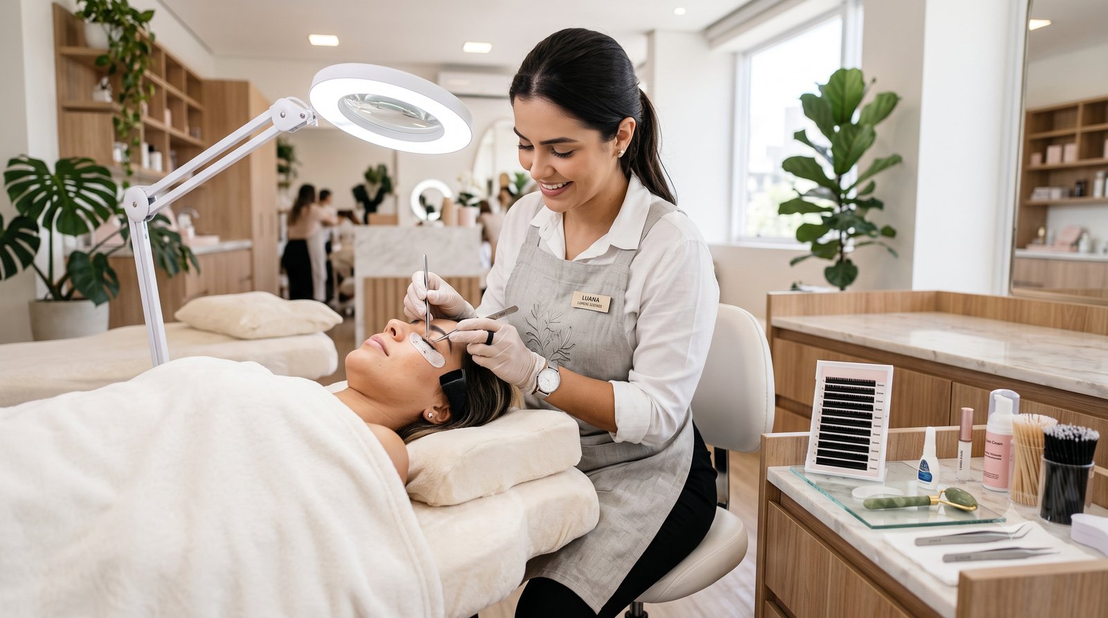 Lash designer aplicando extensão de cílios num salão de beleza