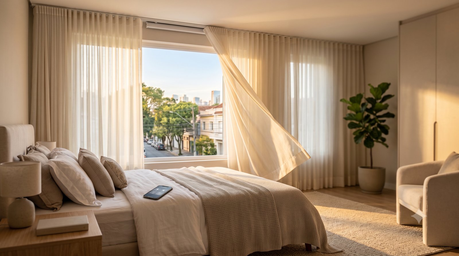 Cortina automática abrindo sozinha num quarto ao amanhecer