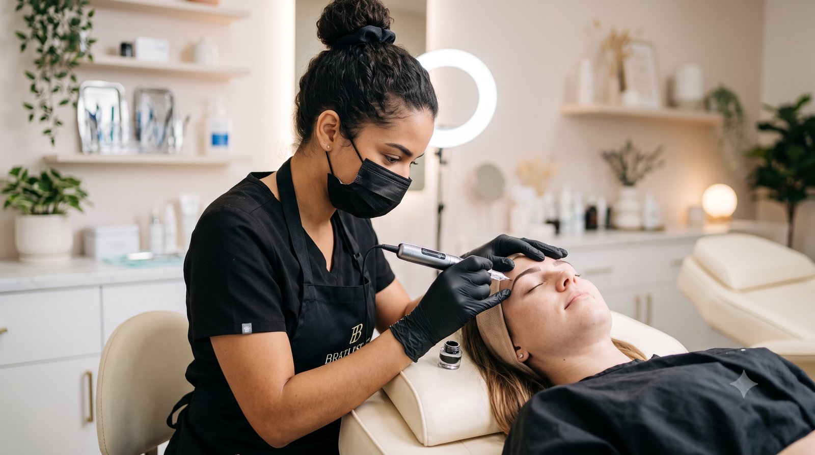 Profissional usando um dermógrafo digital na sobrancelha de uma cliente em estúdio claro