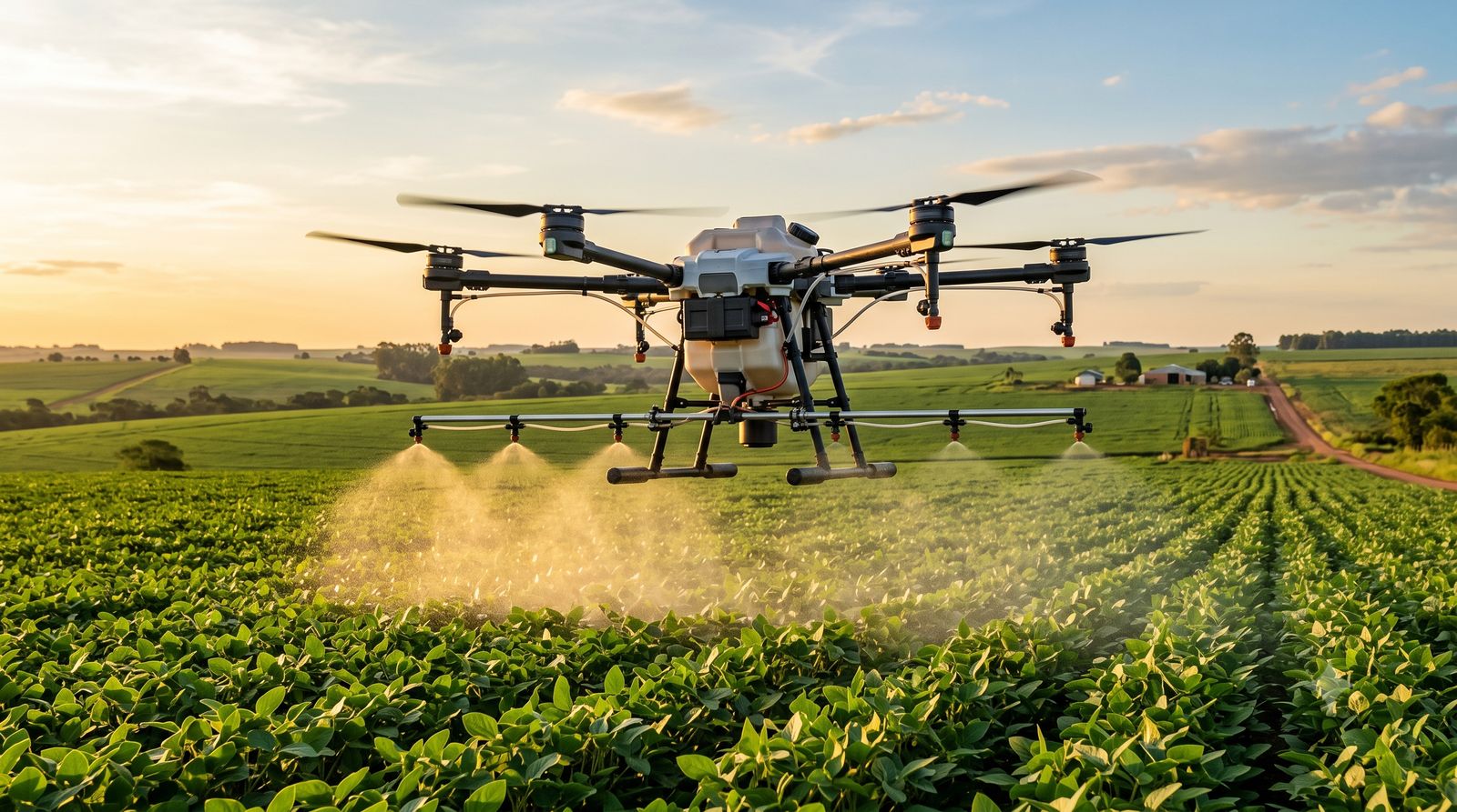 Drone agrícola de pulverização voando baixo sobre uma lavoura verde, liberando névoa de aplicação