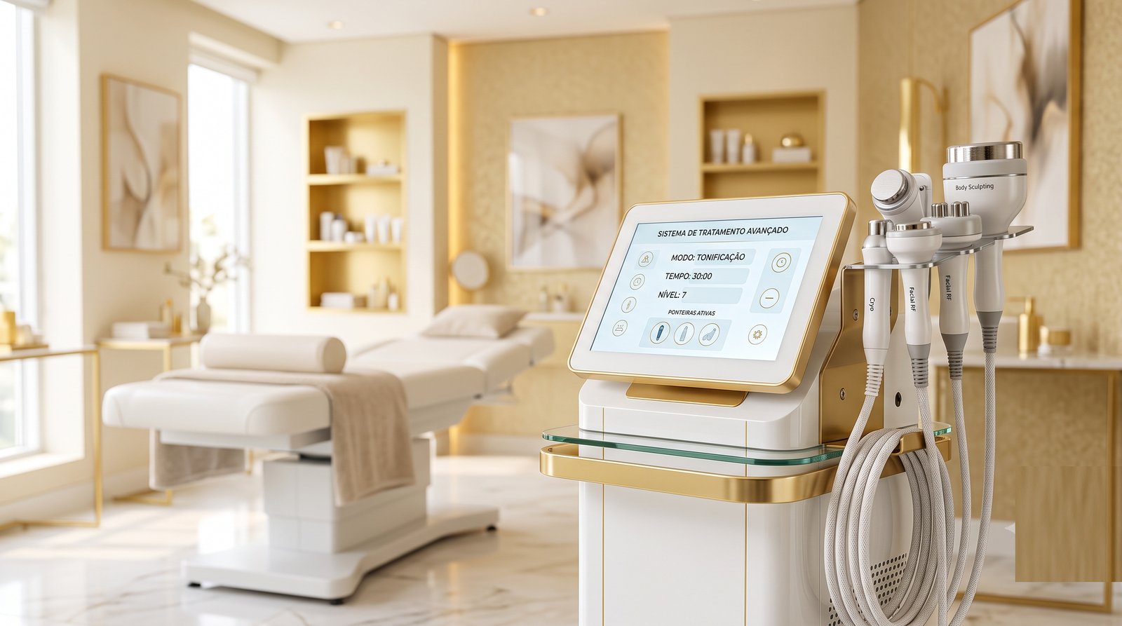 Equipamento de estética de criolipólise com aplicadores numa clínica moderna e clara