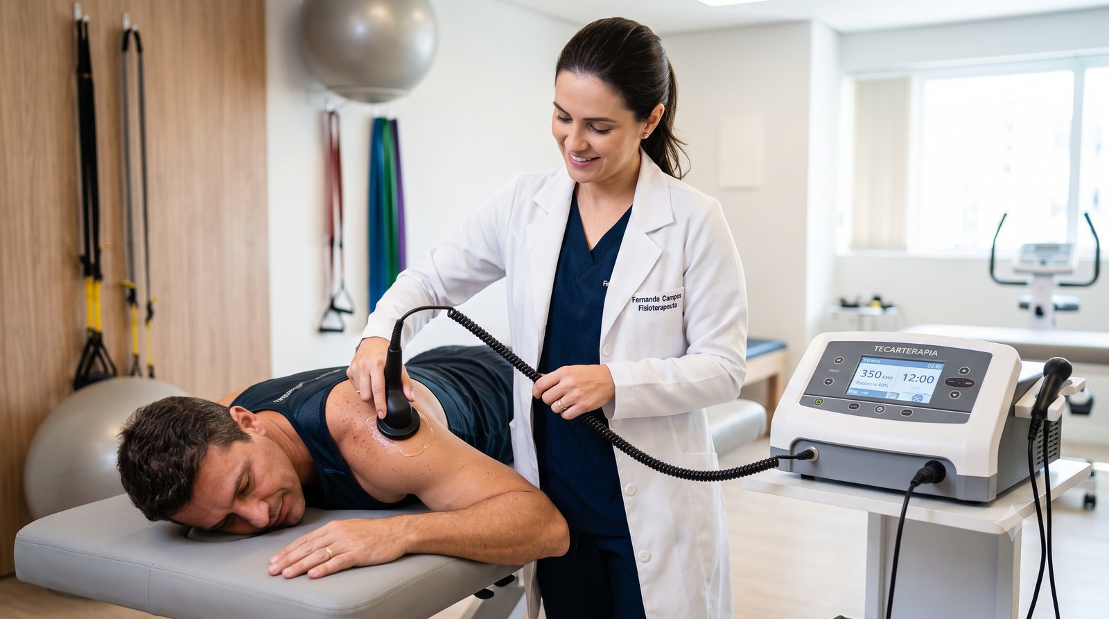 Fisioterapeuta aplicando aparelho de tecar num paciente