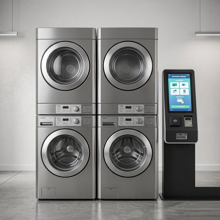 Conjunto de lavadoras e secadoras self-service com painel de pagamento