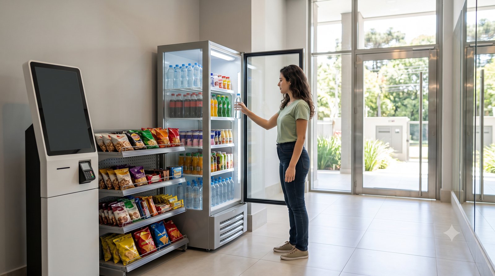 Mercado autônomo instalado no hall de um condomínio, com expositor refrigerado e totem