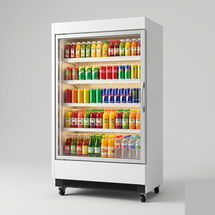 Expositor refrigerado vertical de porta de vidro, com prateleiras iluminadas