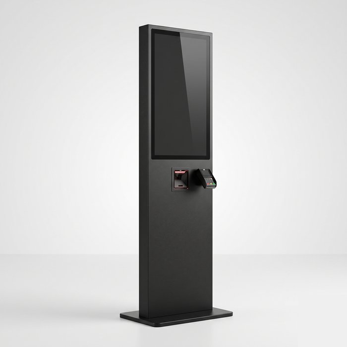 Totem de autoatendimento com tela vertical, leitor de código e maquininha de pagamento