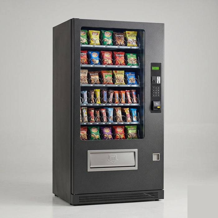 Máquina de vending de espiral com vitrine de vidro e teclado numérico