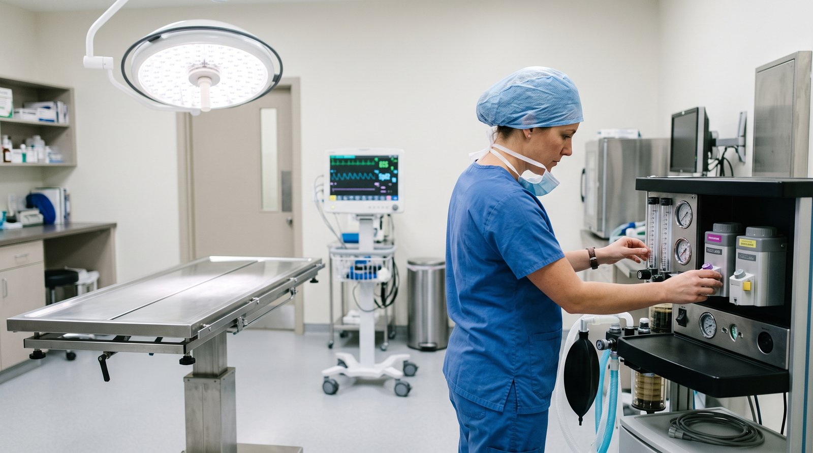 Sala de cirurgia veterinária montada, com mesa cirúrgica, foco e monitor multiparamétrico