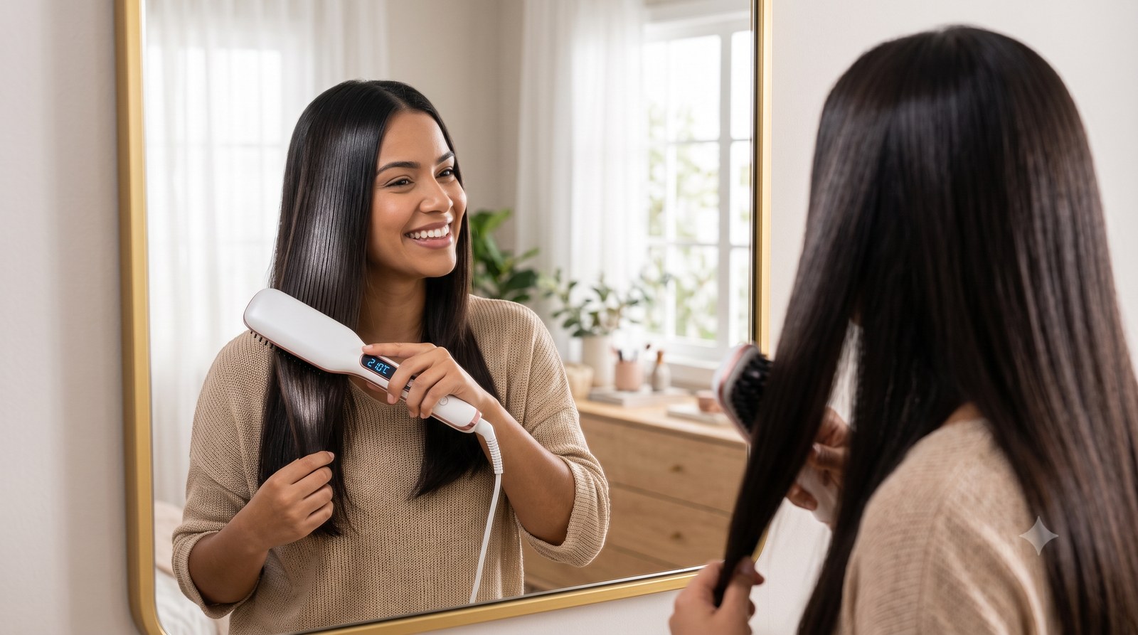 Escova alisadora elétrica alisando uma mecha de cabelo