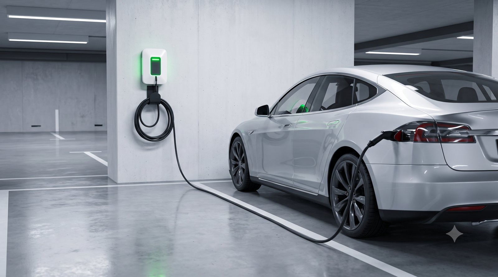 Wallbox de recarga instalado na garagem de um condomínio, com carro elétrico conectado
