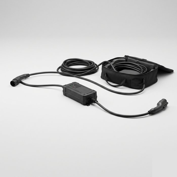 Carregador portátil de carro elétrico com caixa de controle no meio do cabo