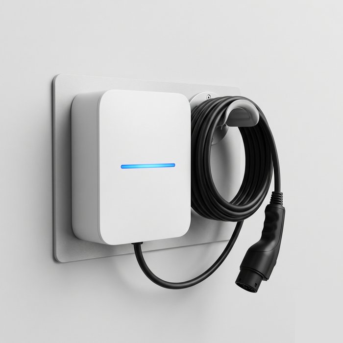 Wallbox de parede compacto com cabo espiralado e conector