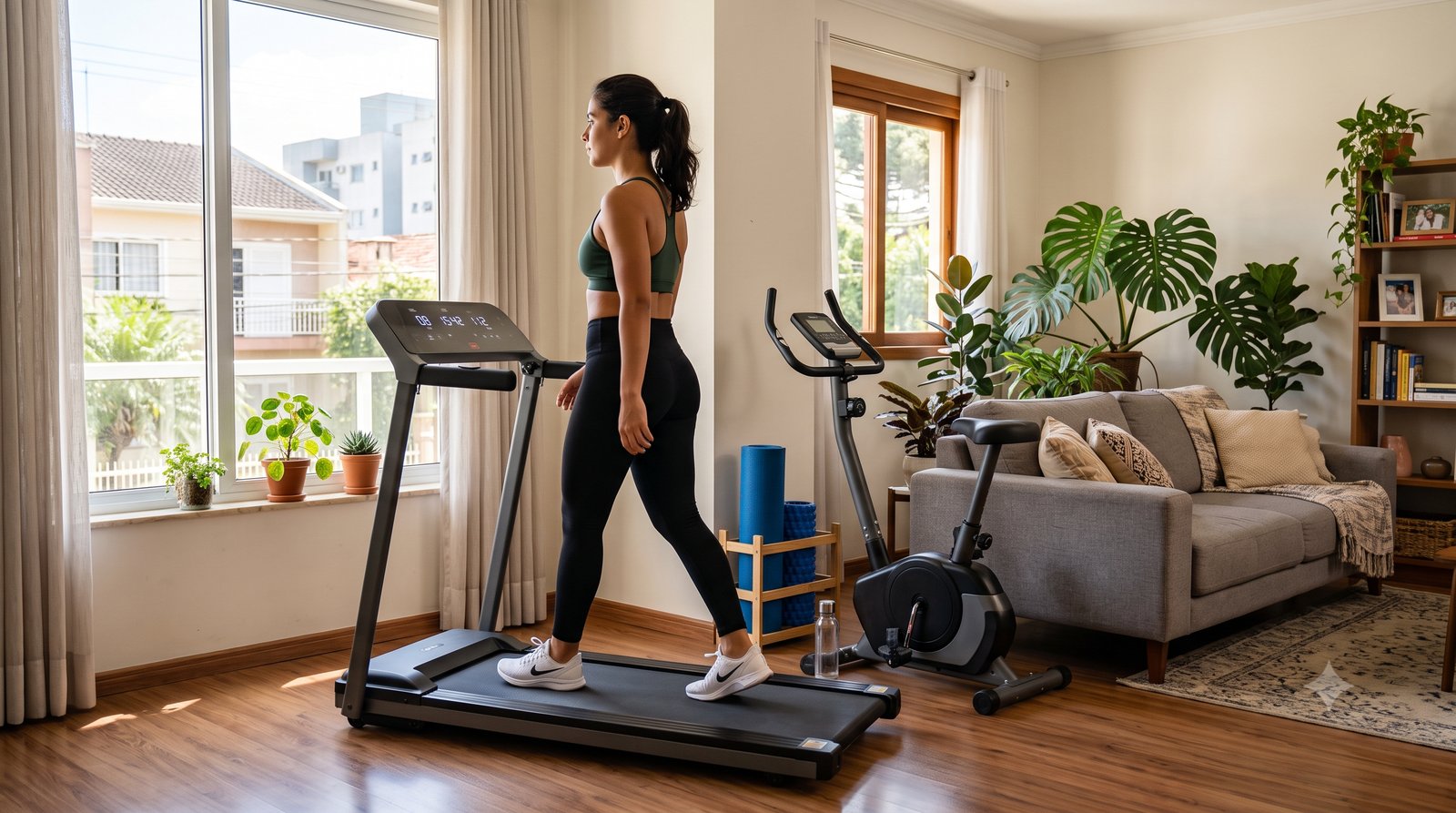 Esteira dobrável e bike ergométrica montadas no canto de treino de um apartamento