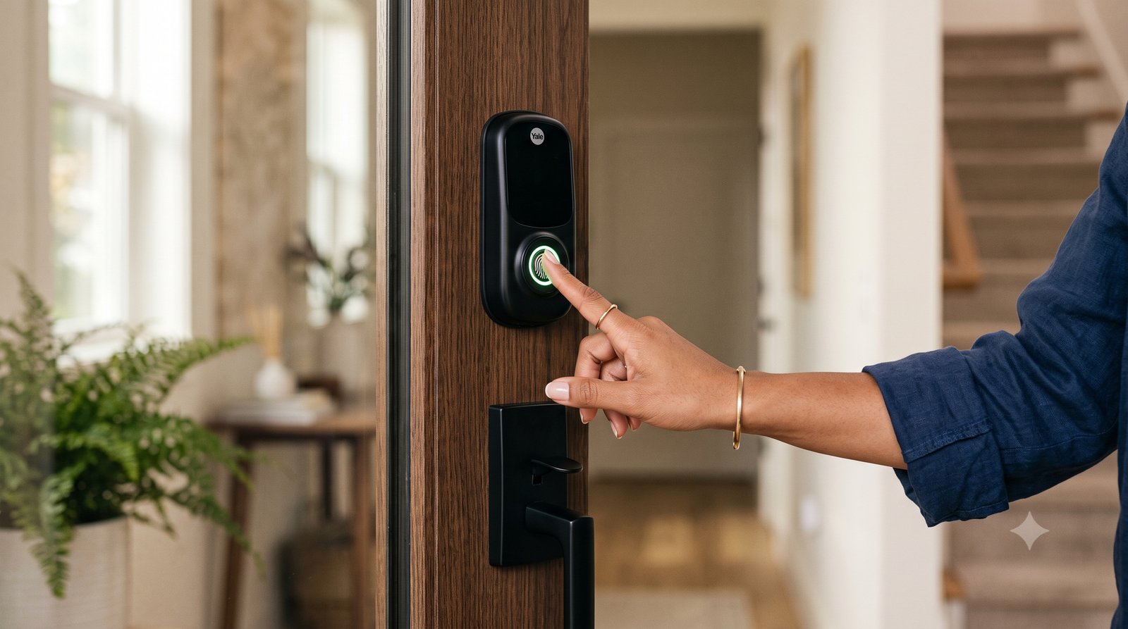 Fechadura digital biométrica moderna sendo aberta com a impressão digital na porta de uma casa