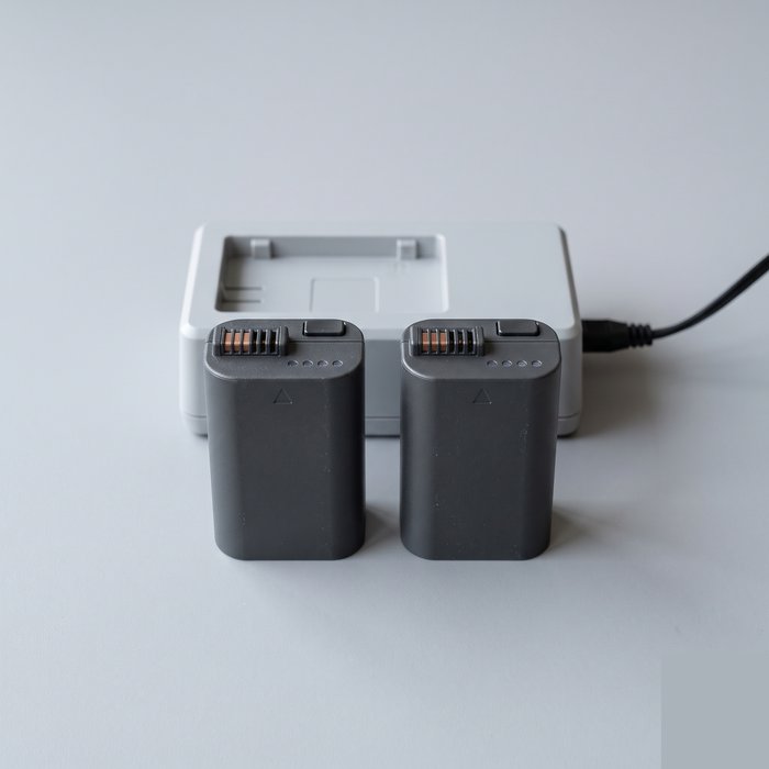Duas baterias de lítio de plataforma 20V ao lado de um carregador