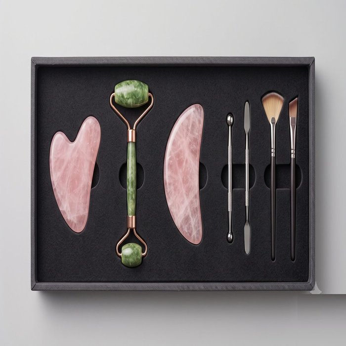 Kit de ferramentas de skincare com gua sha, rolo e acessórios