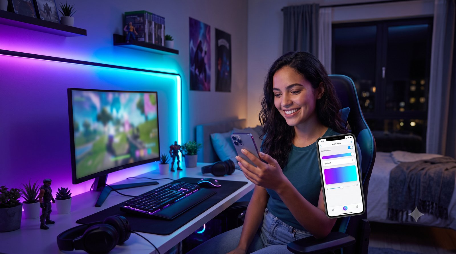 Fita LED inteligente RGB iluminando um setup gamer em tons de roxo e azul num quarto à noite