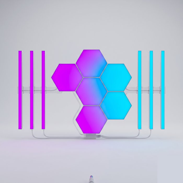 Painéis e barras de luz de parede para setup gamer acesos em roxo e ciano