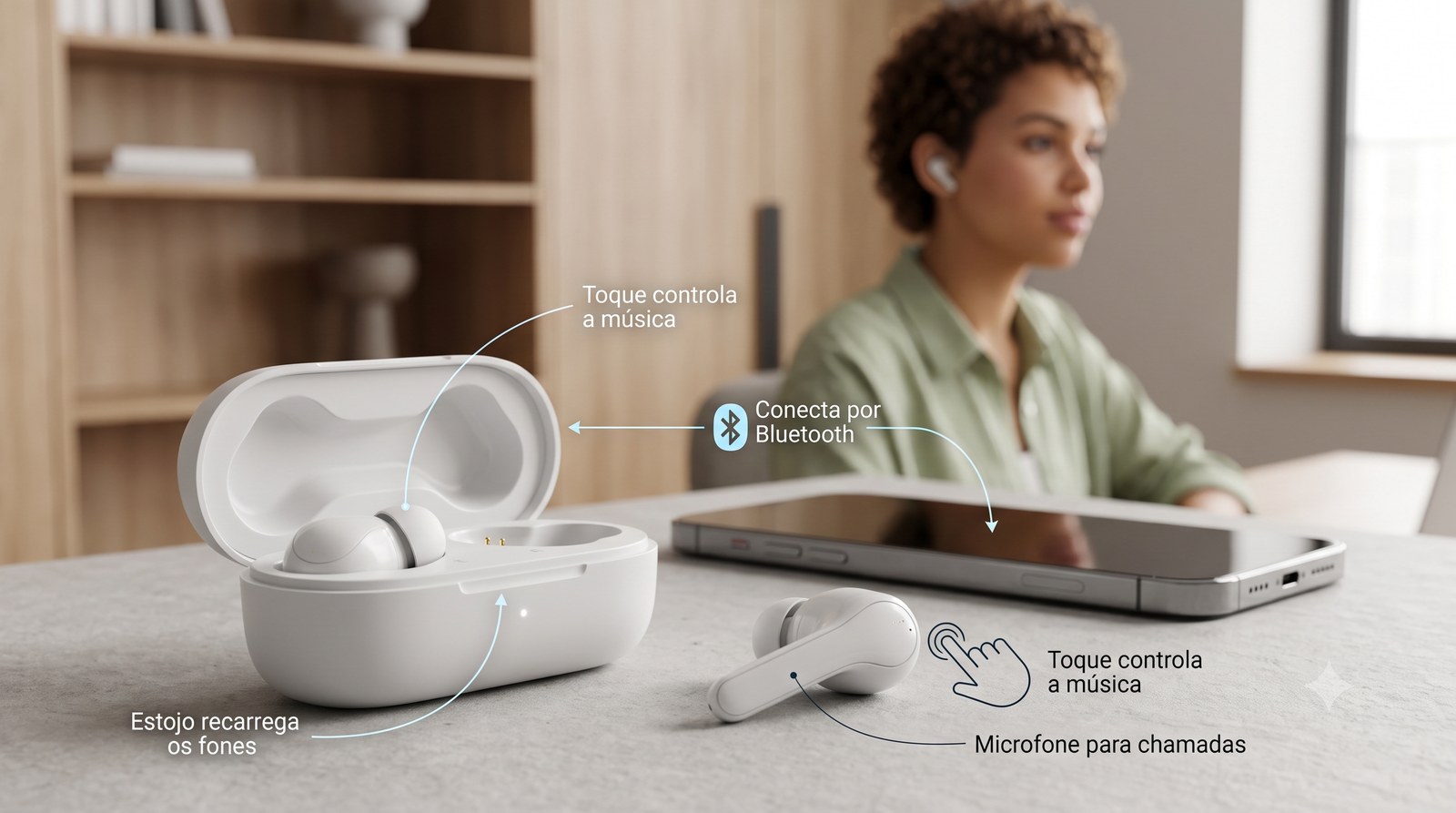 Como funciona o fone TWS: conecta por Bluetooth, o estojo recarrega e o toque controla a música