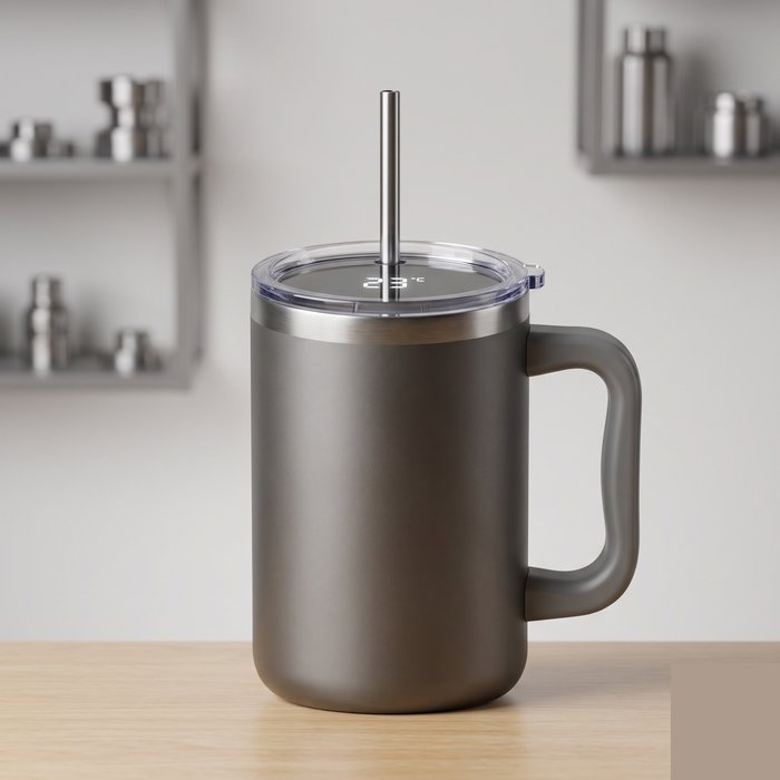 Copo térmico tipo tumbler de inox com display de temperatura e canudo