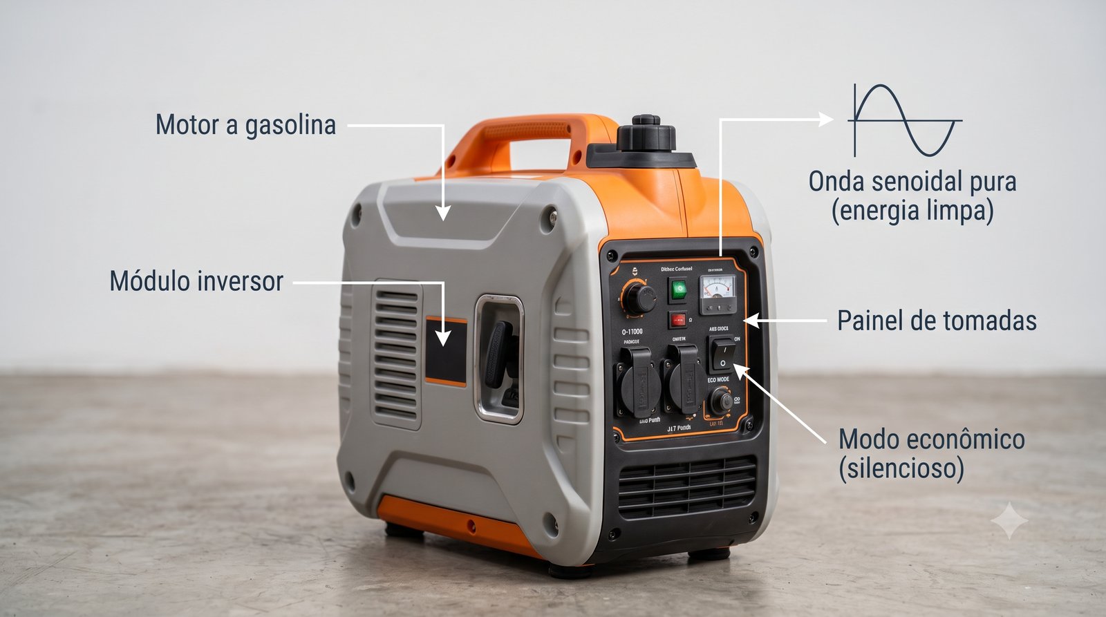 Diagrama de como funciona o gerador inverter: motor a gasolina, módulo inversor, onda senoidal pura e painel de tomadas